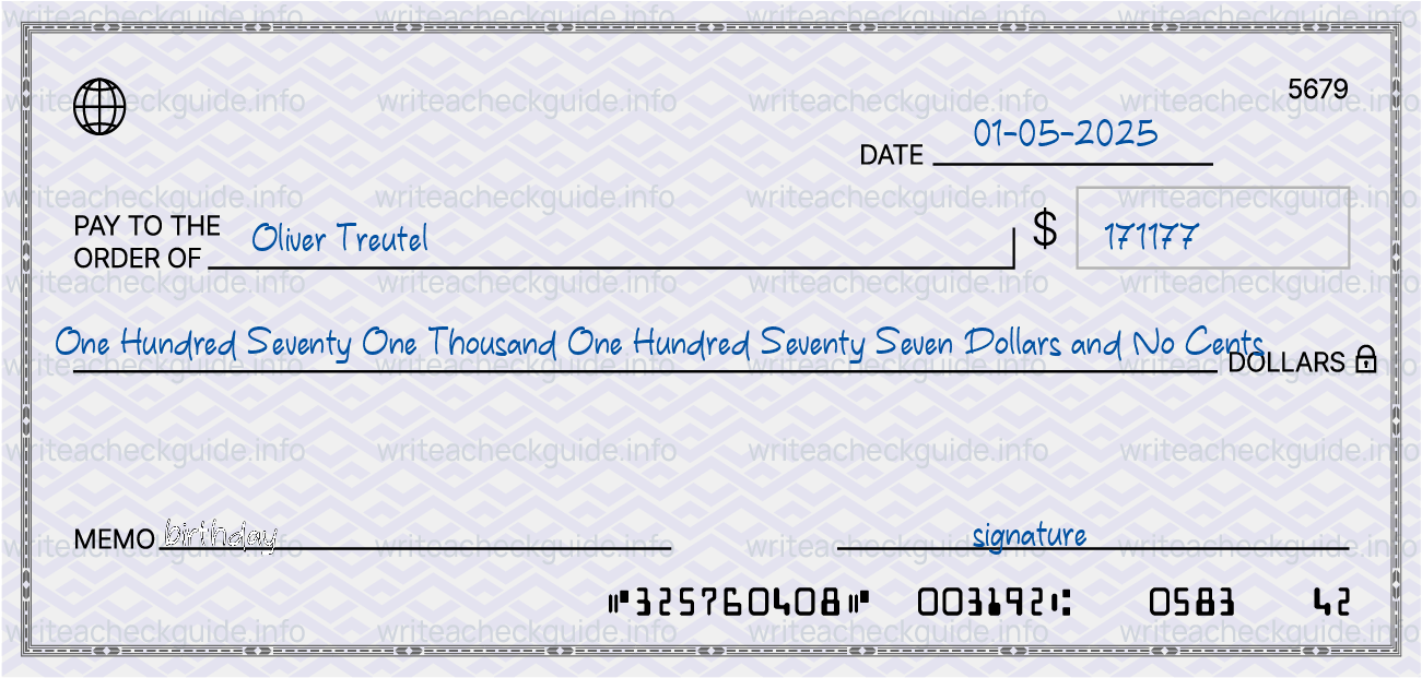 Filled check for 171177 dollars payable to Oliver Treutel on 01-05-2025