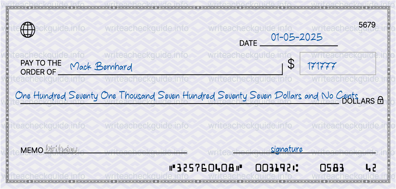 Filled check for 171777 dollars payable to Mack Bernhard on 01-05-2025