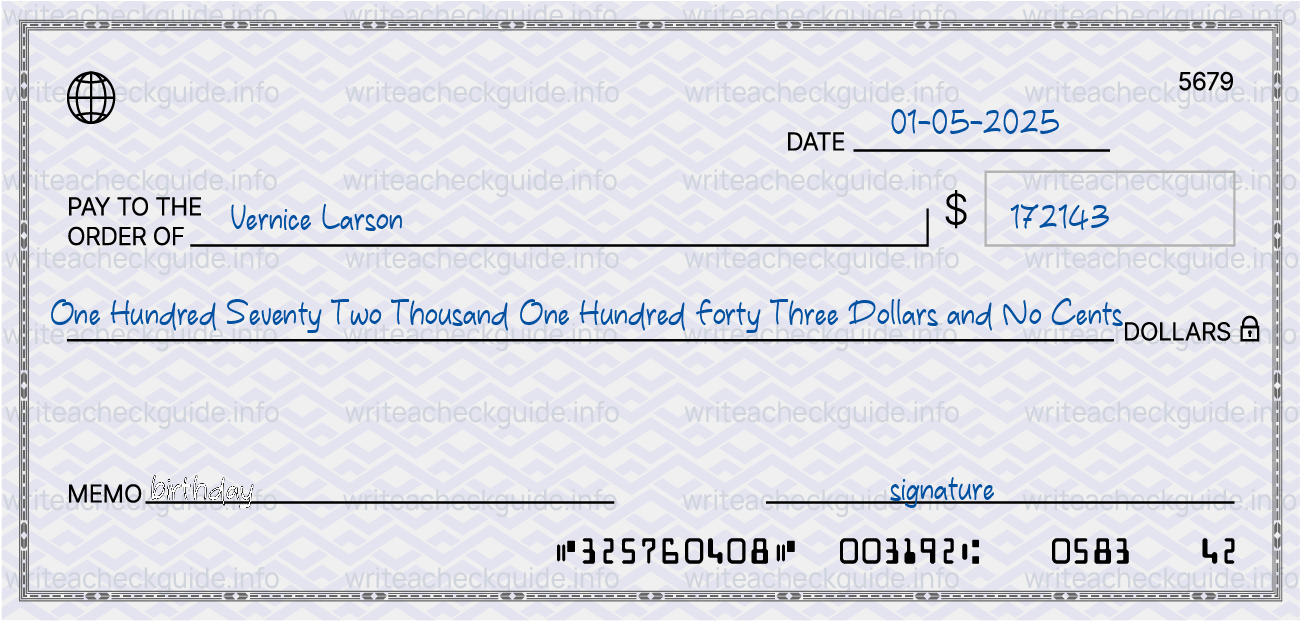 Filled check for 172143 dollars payable to Vernice Larson on 01-05-2025