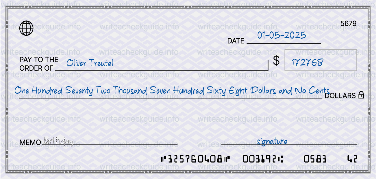 Filled check for 172768 dollars payable to Oliver Treutel on 01-05-2025