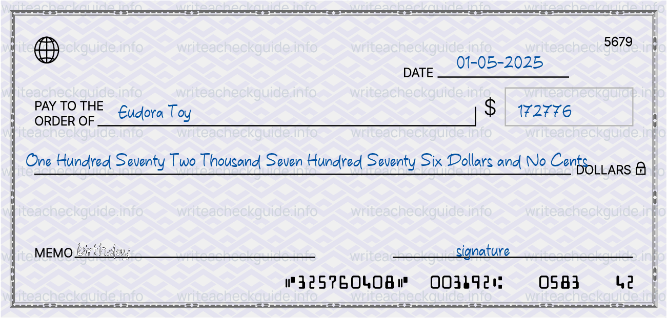 Filled check for 172776 dollars payable to Eudora Toy on 01-05-2025