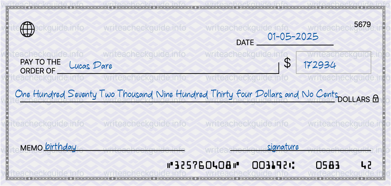 Filled check for 172934 dollars payable to Lucas Dare on 01-05-2025