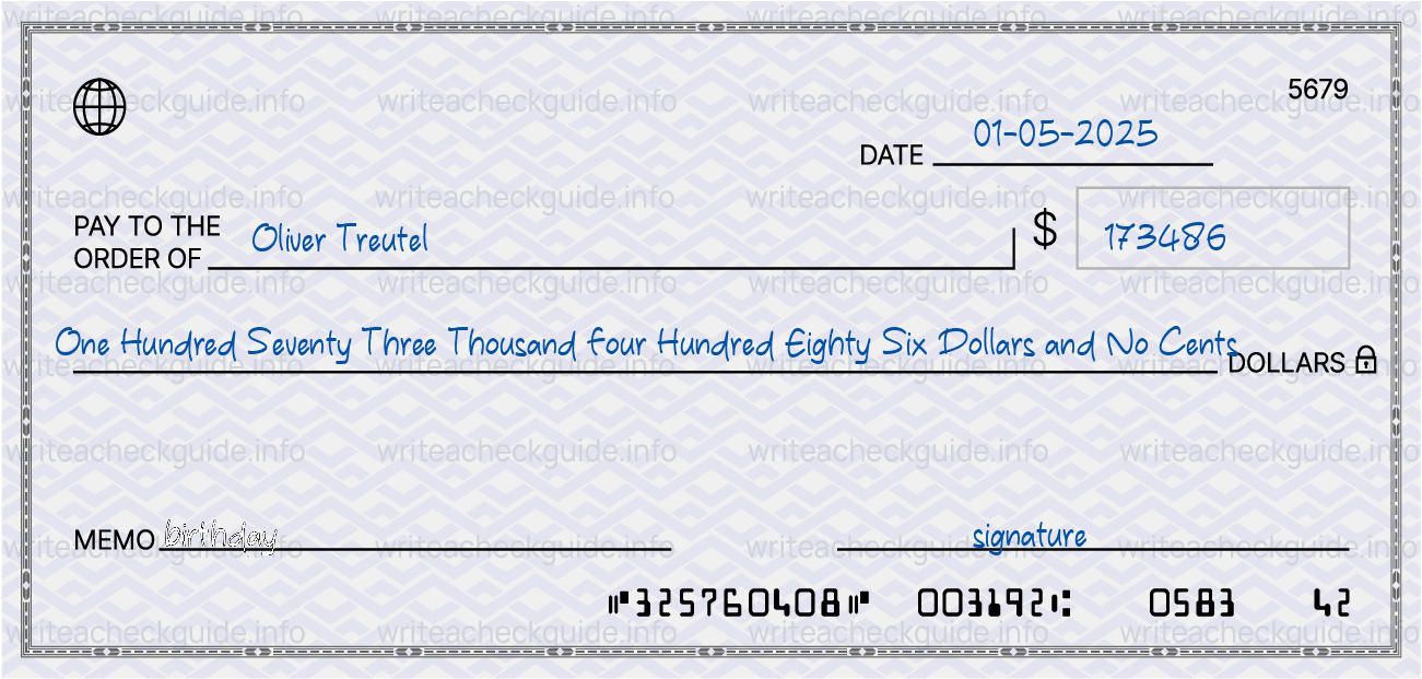 Filled check for 173486 dollars payable to Oliver Treutel on 01-05-2025