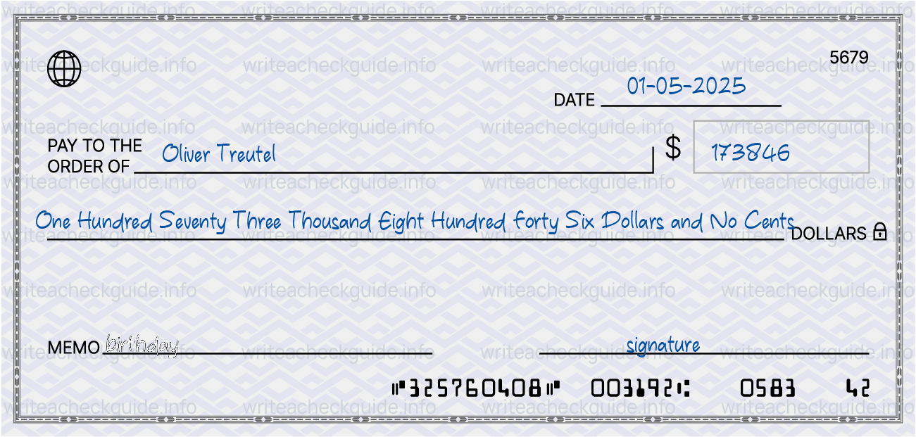 Filled check for 173846 dollars payable to Oliver Treutel on 01-05-2025