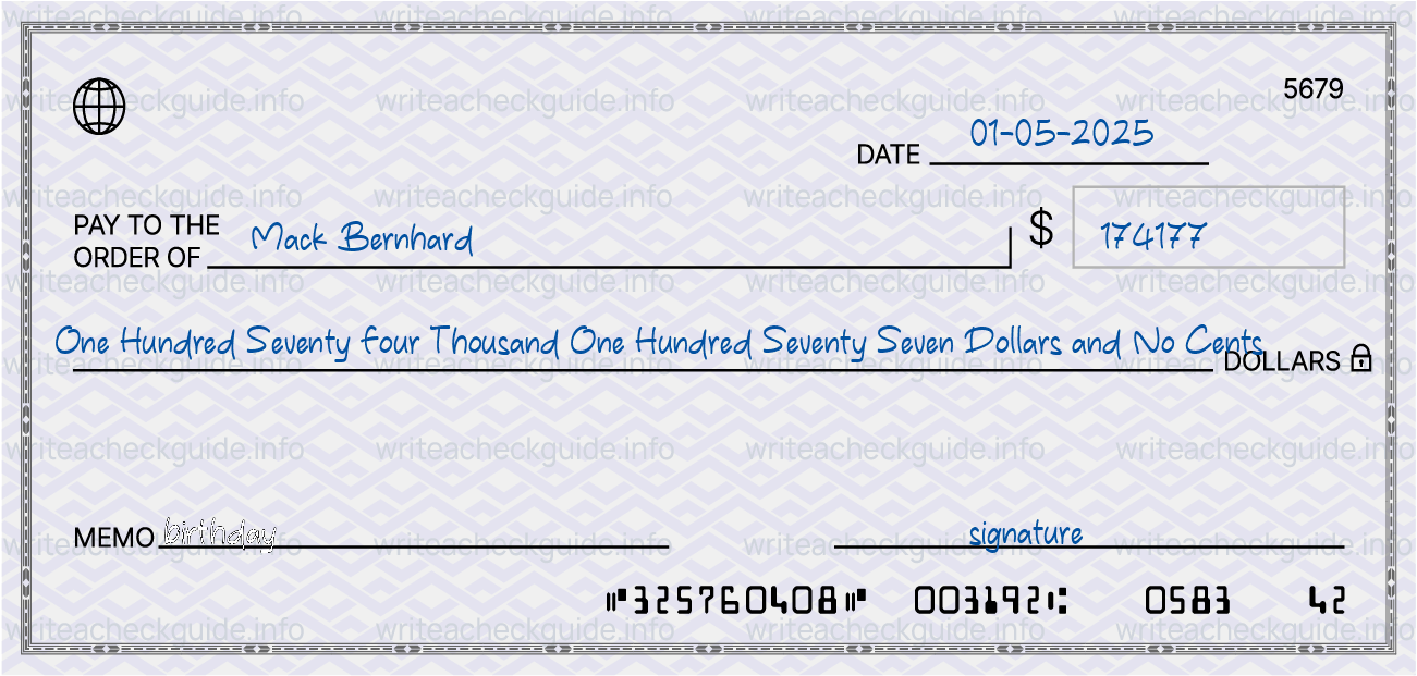 Filled check for 174177 dollars payable to Mack Bernhard on 01-05-2025