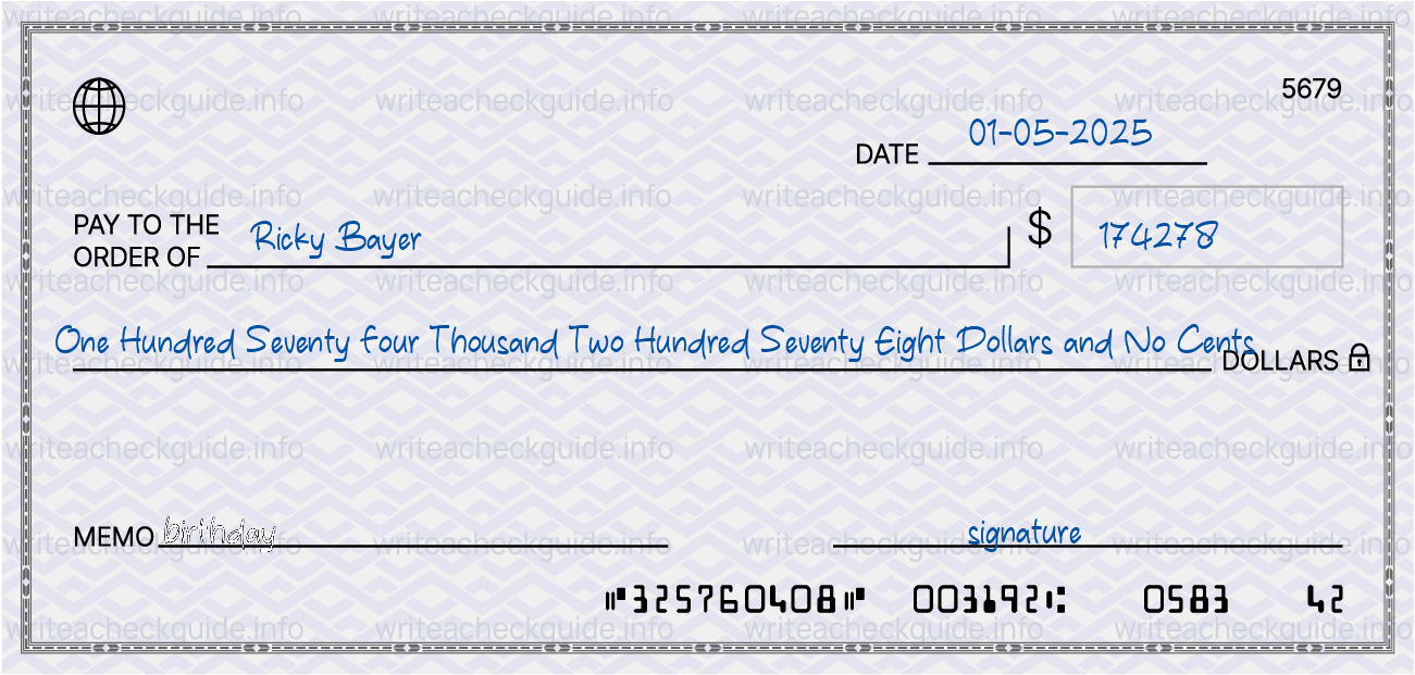 Filled check for 174278 dollars payable to Ricky Bayer on 01-05-2025