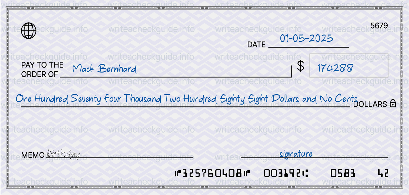 Filled check for 174288 dollars payable to Mack Bernhard on 01-05-2025