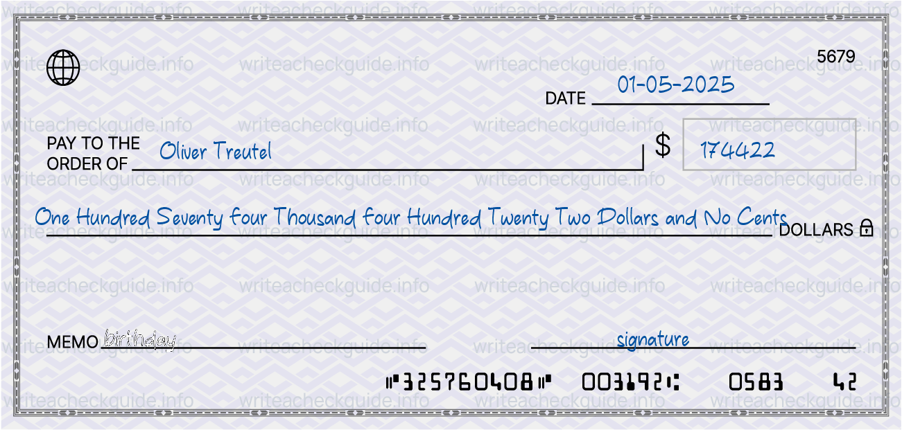 Filled check for 174422 dollars payable to Oliver Treutel on 01-05-2025