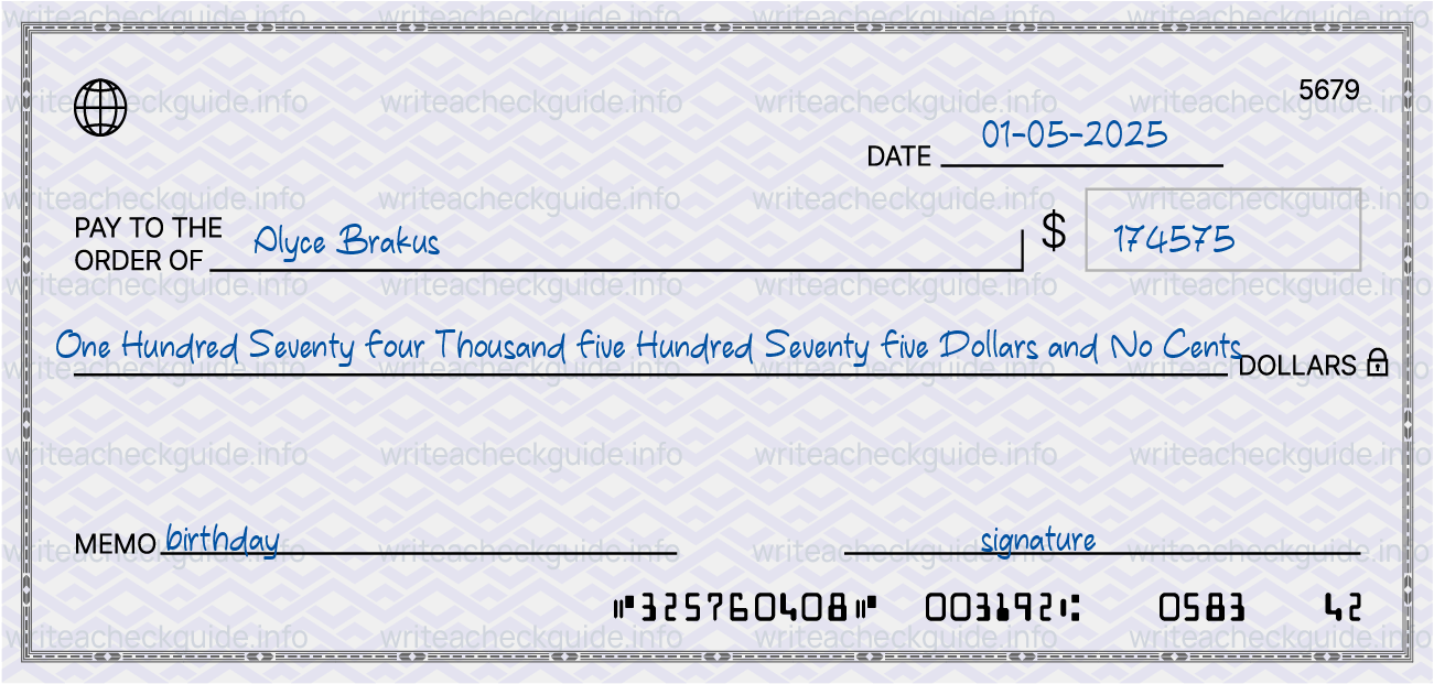 Filled check for 174575 dollars payable to Alyce Brakus on 01-05-2025