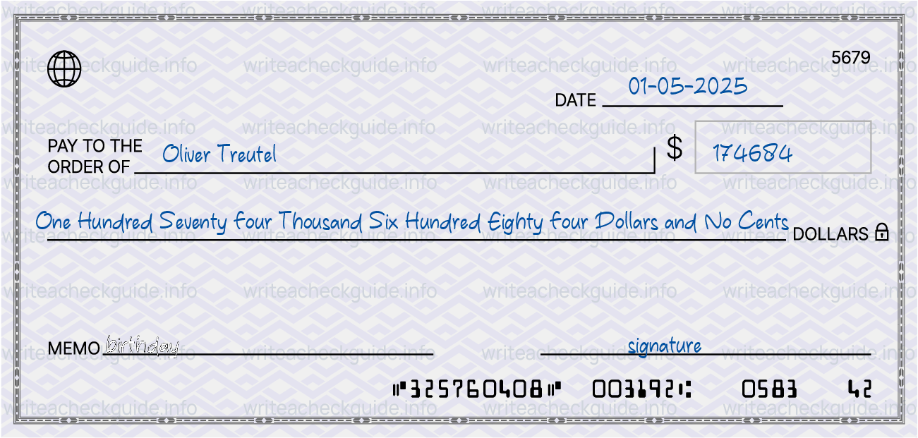 Filled check for 174684 dollars payable to Oliver Treutel on 01-05-2025