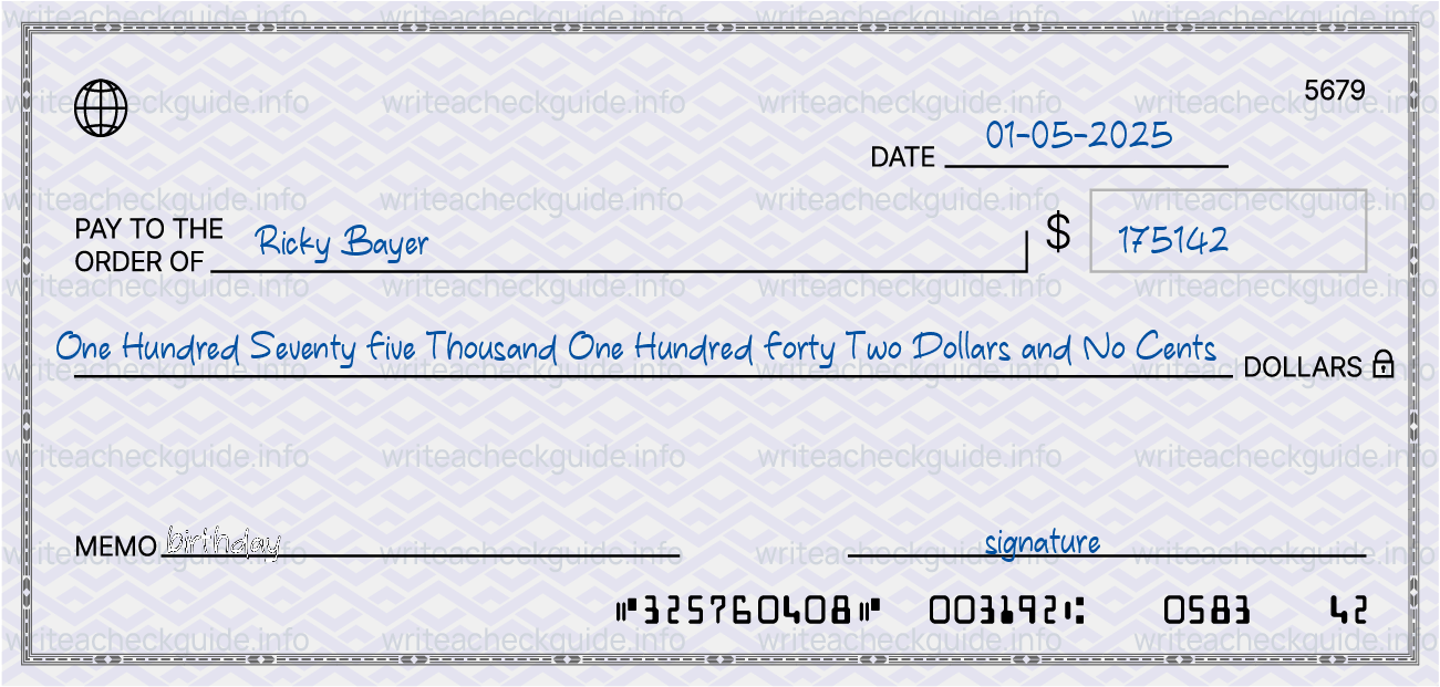 Filled check for 175142 dollars payable to Ricky Bayer on 01-05-2025