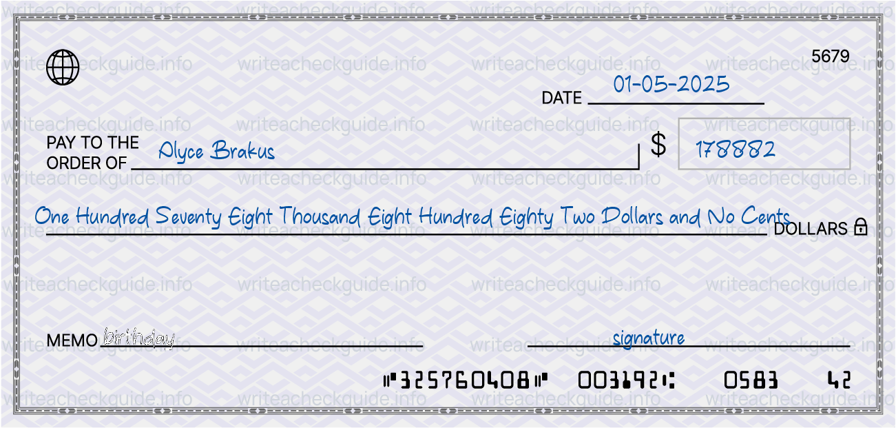 Filled check for 178882 dollars payable to Alyce Brakus on 01-05-2025