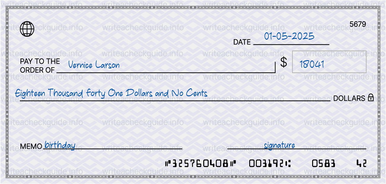 Filled check for 18041 dollars payable to Vernice Larson on 01-05-2025