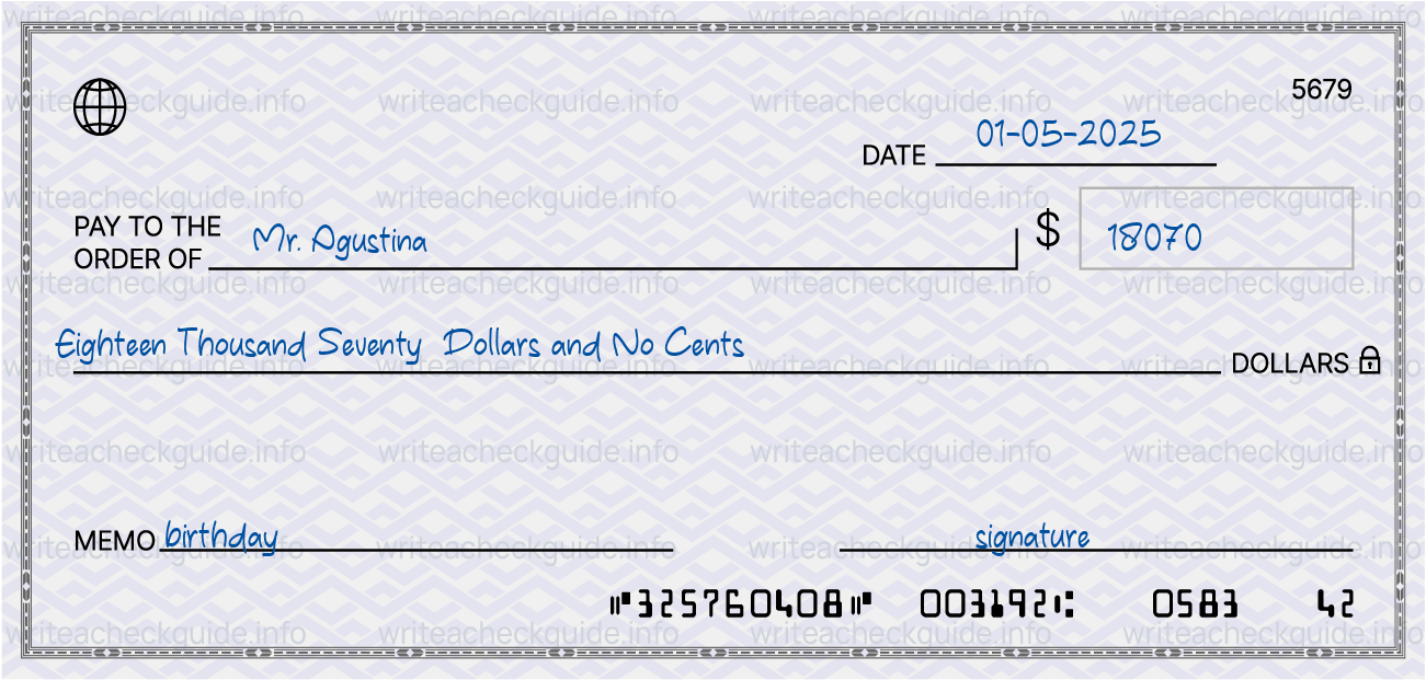 Filled check for 18070 dollars payable to Mr. Agustina on 01-05-2025