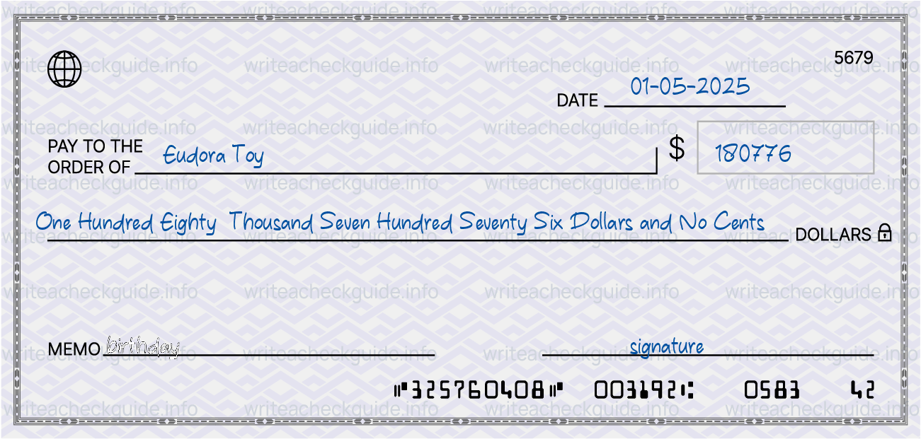 Filled check for 180776 dollars payable to Eudora Toy on 01-05-2025