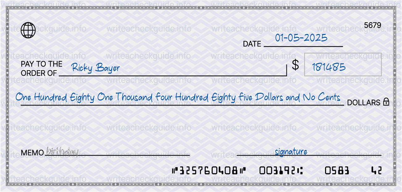 Filled check for 181485 dollars payable to Ricky Bayer on 01-05-2025