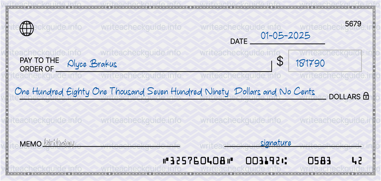 Filled check for 181790 dollars payable to Alyce Brakus on 01-05-2025