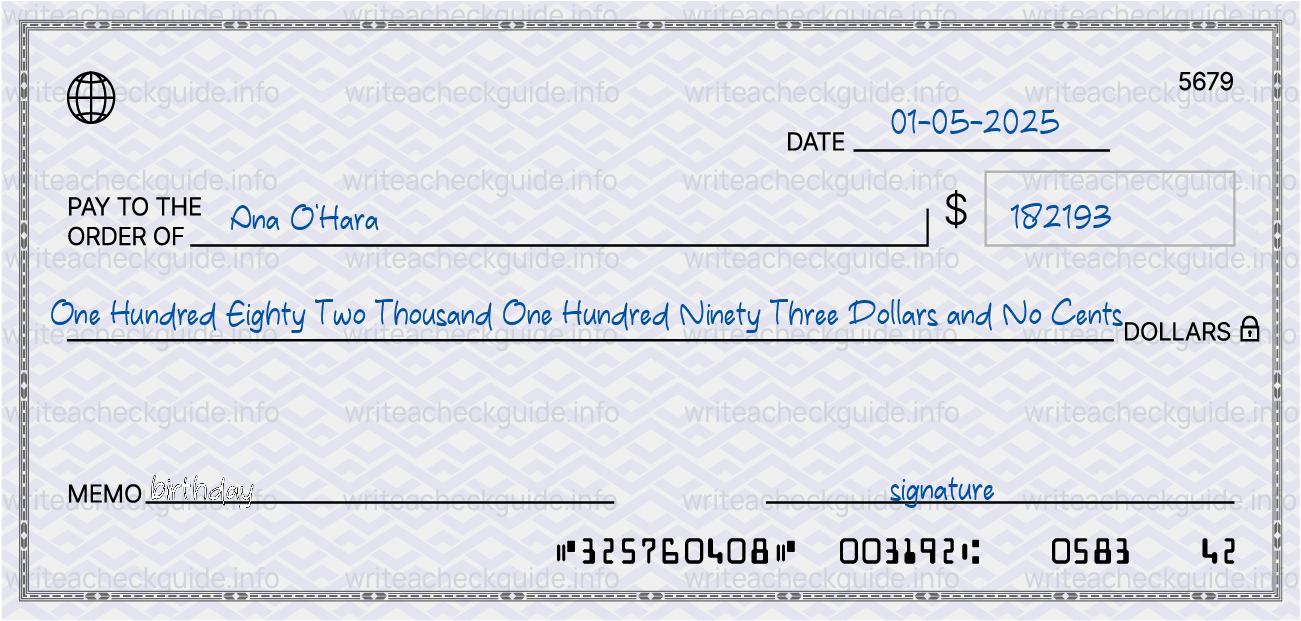 Filled check for 182193 dollars payable to Ana O'Hara on 01-05-2025