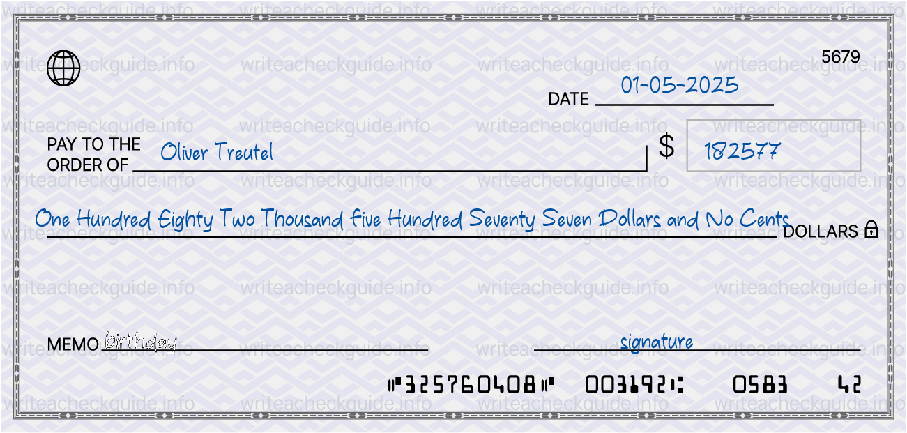 Filled check for 182577 dollars payable to Oliver Treutel on 01-05-2025