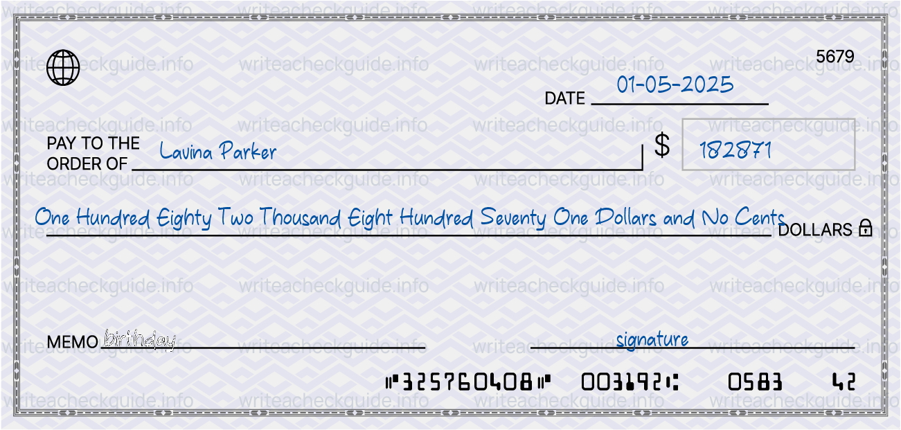 Filled check for 182871 dollars payable to Lavina Parker on 01-05-2025