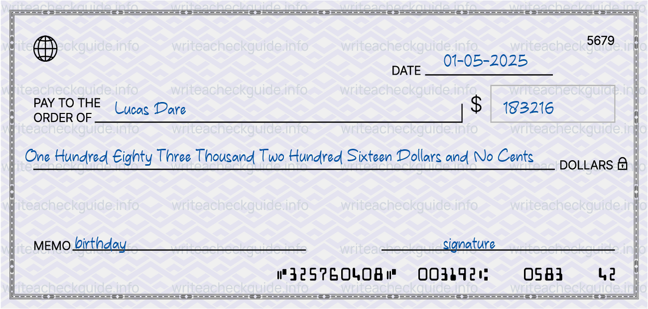 Filled check for 183216 dollars payable to Lucas Dare on 01-05-2025