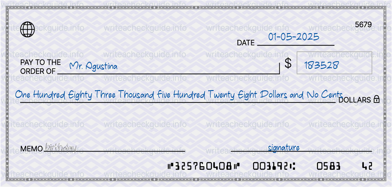 Filled check for 183528 dollars payable to Mr. Agustina on 01-05-2025