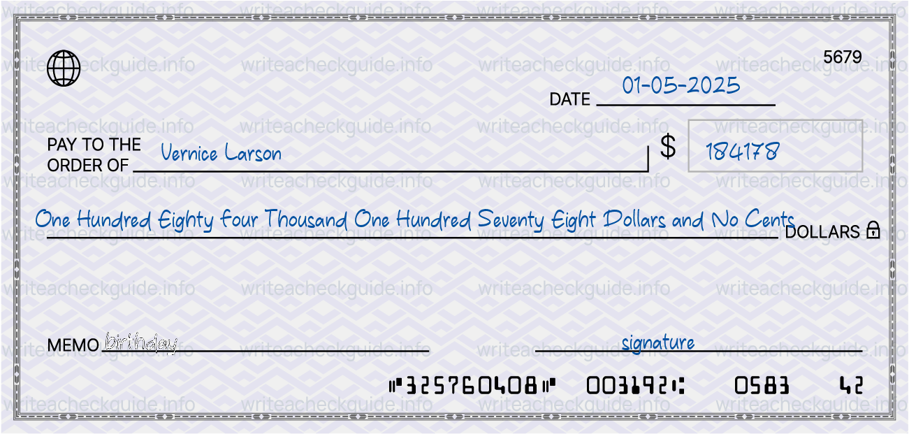 Filled check for 184178 dollars payable to Vernice Larson on 01-05-2025