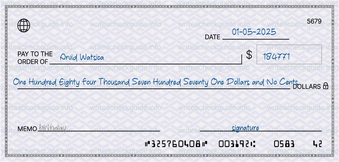 Filled check for 184771 dollars payable to Arvid Watsica on 01-05-2025