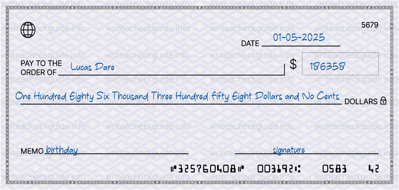 Filled check for 186358 dollars payable to Lucas Dare on 01-05-2025