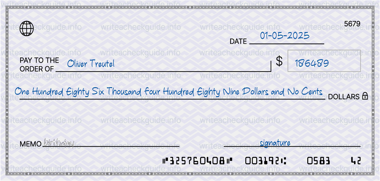 Filled check for 186489 dollars payable to Oliver Treutel on 01-05-2025