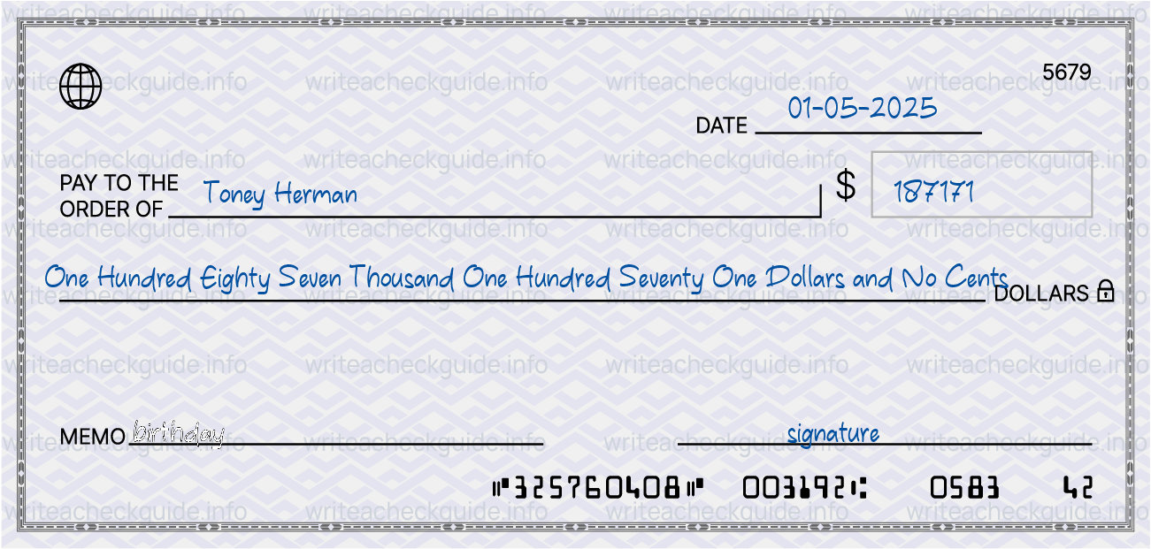 Filled check for 187171 dollars payable to Toney Herman on 01-05-2025