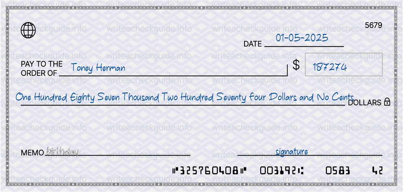 Filled check for 187274 dollars payable to Toney Herman on 01-05-2025