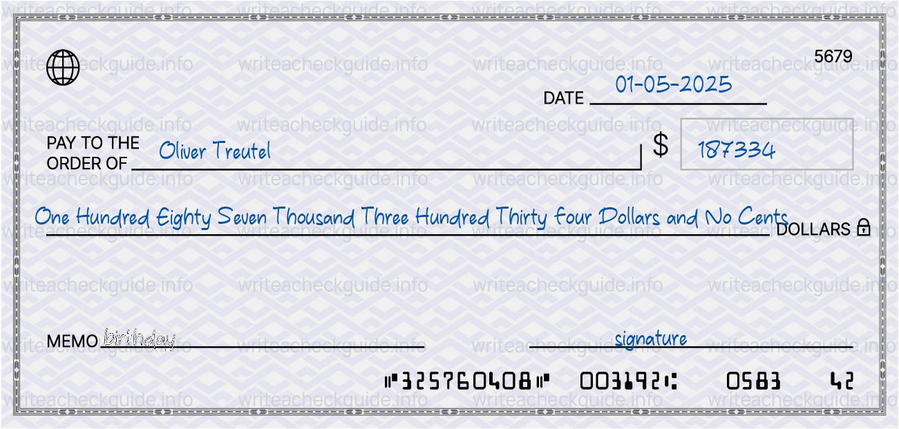 Filled check for 187334 dollars payable to Oliver Treutel on 01-05-2025