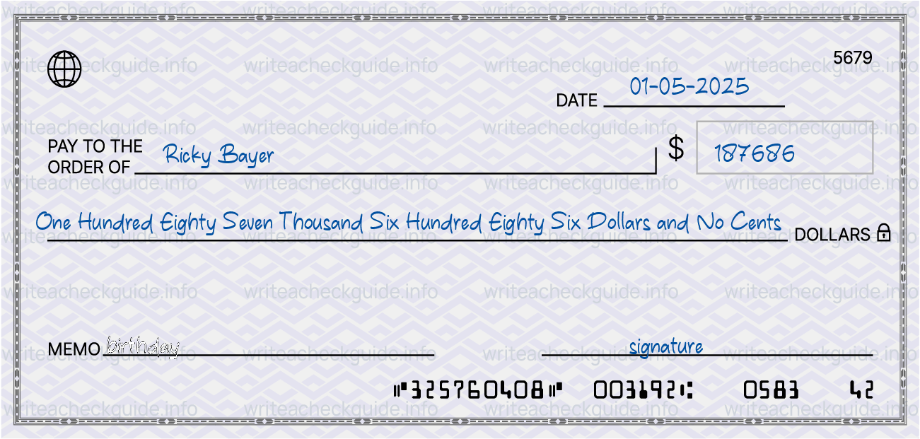 Filled check for 187686 dollars payable to Ricky Bayer on 01-05-2025