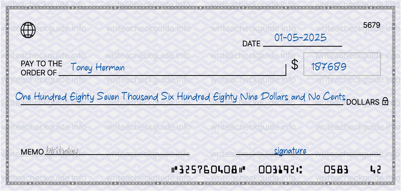 Filled check for 187689 dollars payable to Toney Herman on 01-05-2025