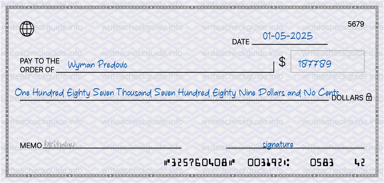 Filled check for 187789 dollars payable to Wyman Predovic on 01-05-2025