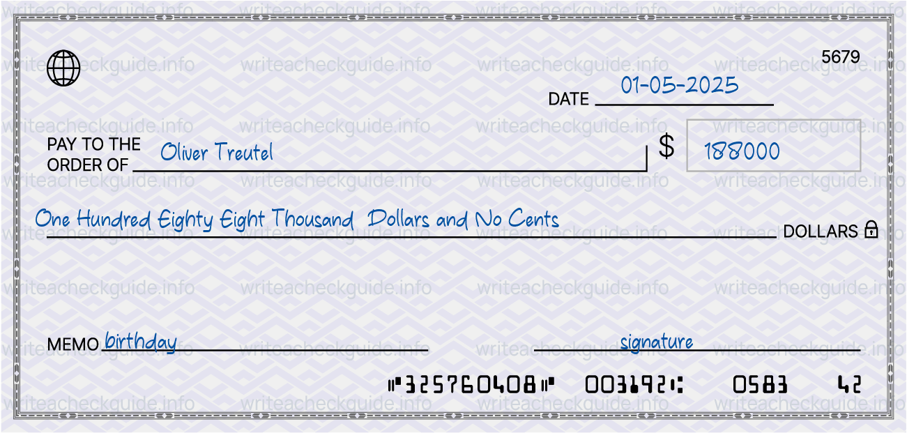 Filled check for 188000 dollars payable to Oliver Treutel on 01-05-2025