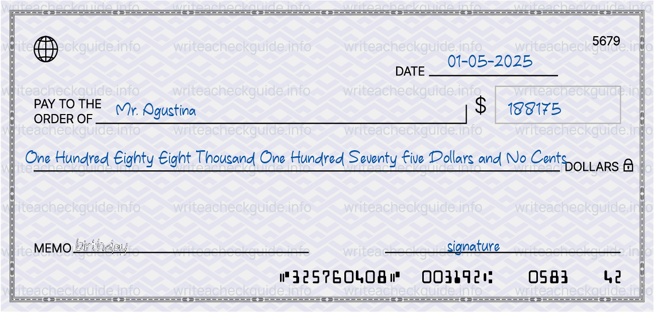 Filled check for 188175 dollars payable to Mr. Agustina on 01-05-2025