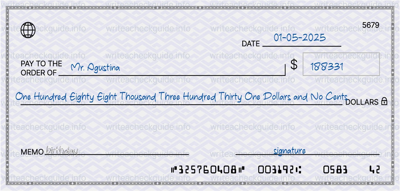 Filled check for 188331 dollars payable to Mr. Agustina on 01-05-2025