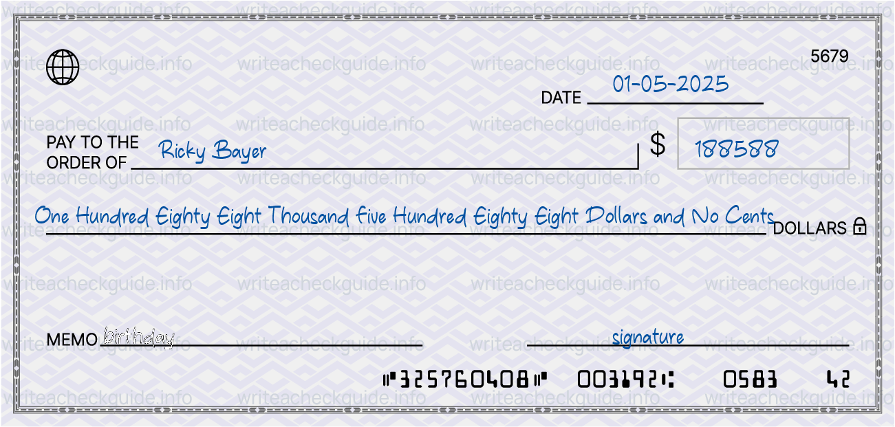 Filled check for 188588 dollars payable to Ricky Bayer on 01-05-2025