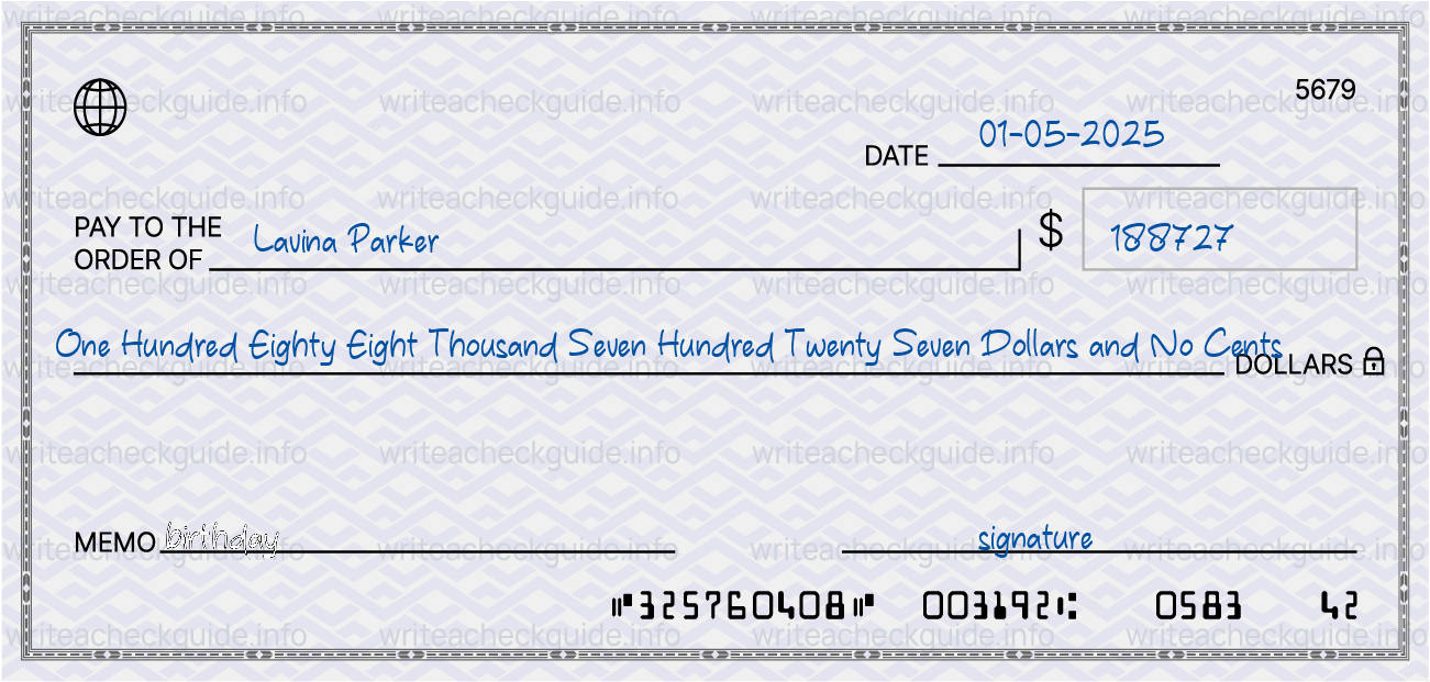 Filled check for 188727 dollars payable to Lavina Parker on 01-05-2025