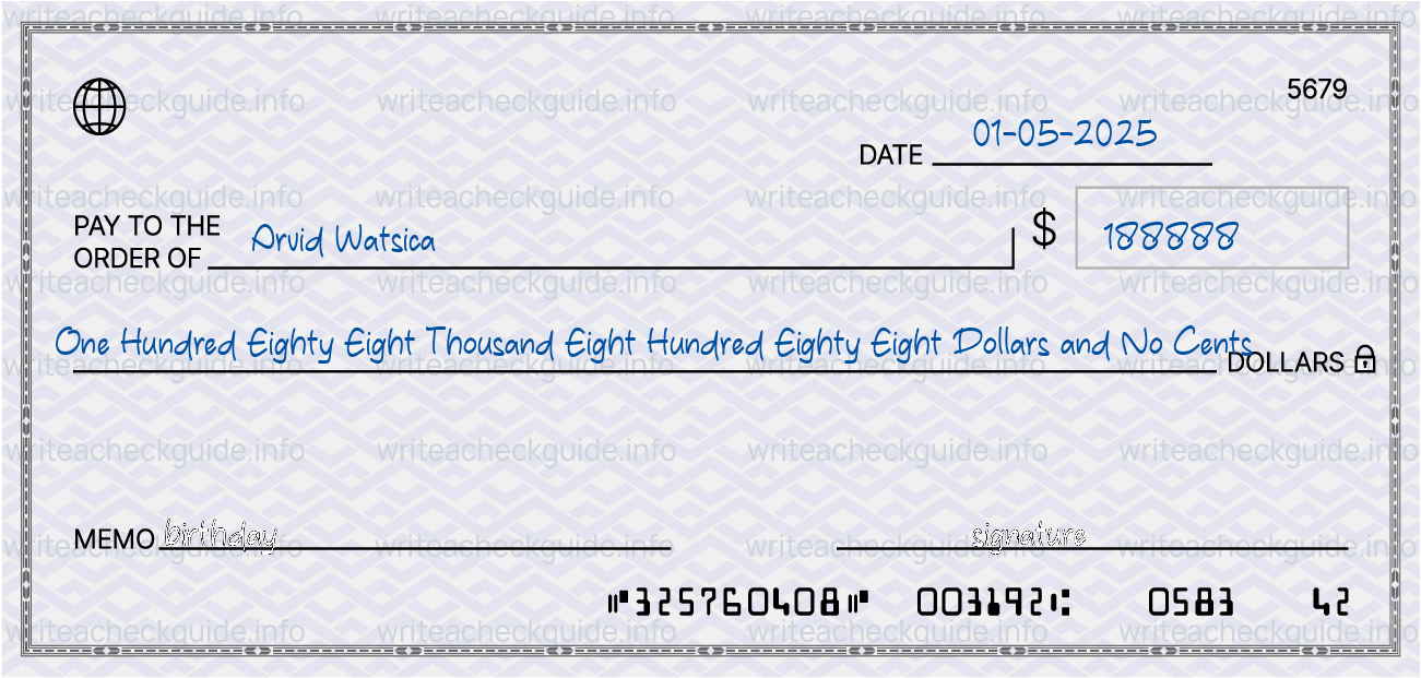 Filled check for 188888 dollars payable to Arvid Watsica on 01-05-2025