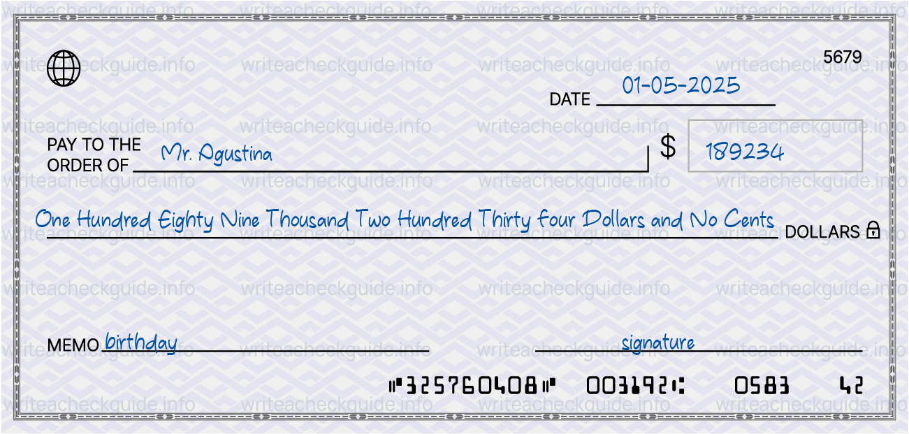 Filled check for 189234 dollars payable to Mr. Agustina on 01-05-2025