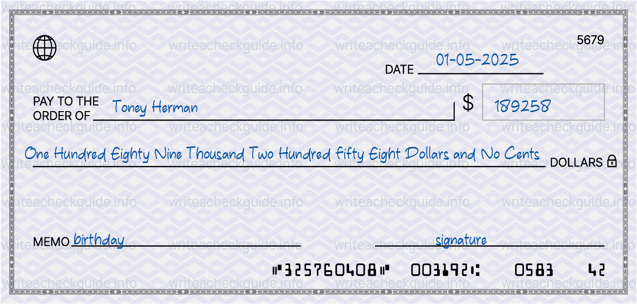 Filled check for 189258 dollars payable to Toney Herman on 01-05-2025