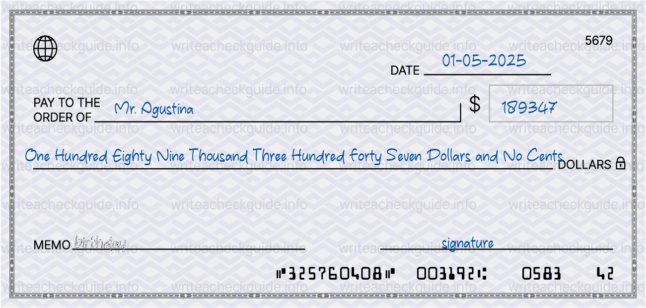 Filled check for 189347 dollars payable to Mr. Agustina on 01-05-2025