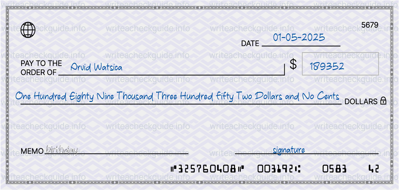 Filled check for 189352 dollars payable to Arvid Watsica on 01-05-2025