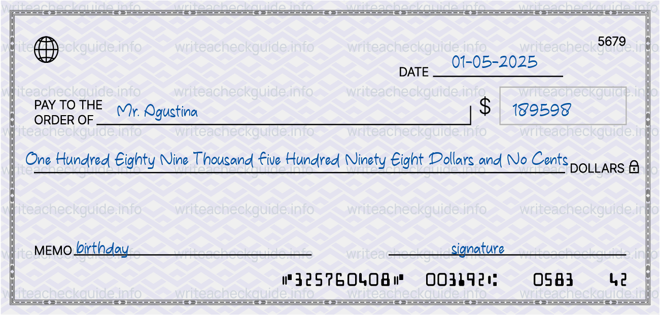 Filled check for 189598 dollars payable to Mr. Agustina on 01-05-2025