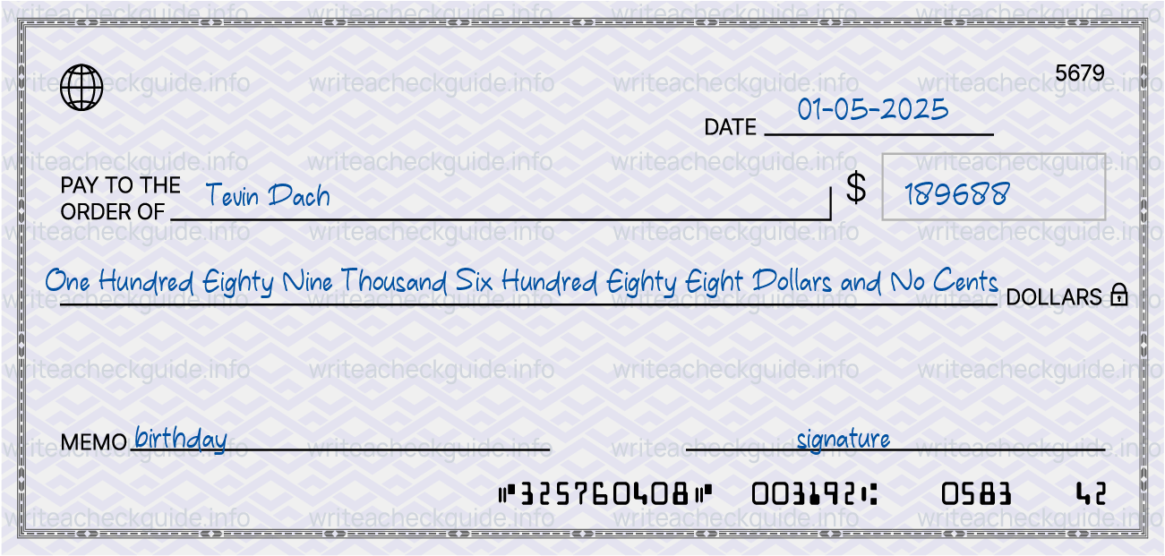 Filled check for 189688 dollars payable to Tevin Dach on 01-05-2025