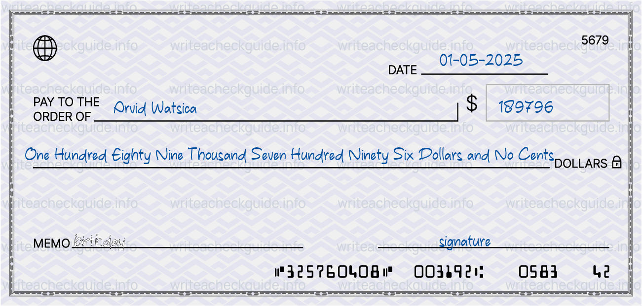 Filled check for 189796 dollars payable to Arvid Watsica on 01-05-2025