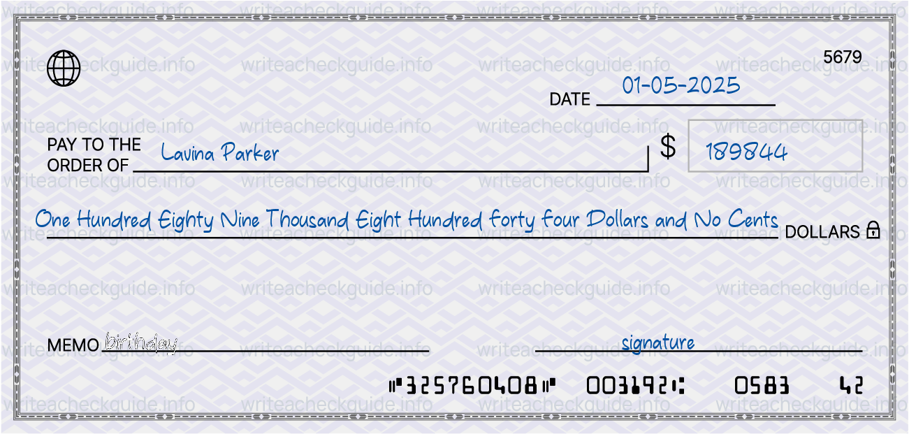 Filled check for 189844 dollars payable to Lavina Parker on 01-05-2025